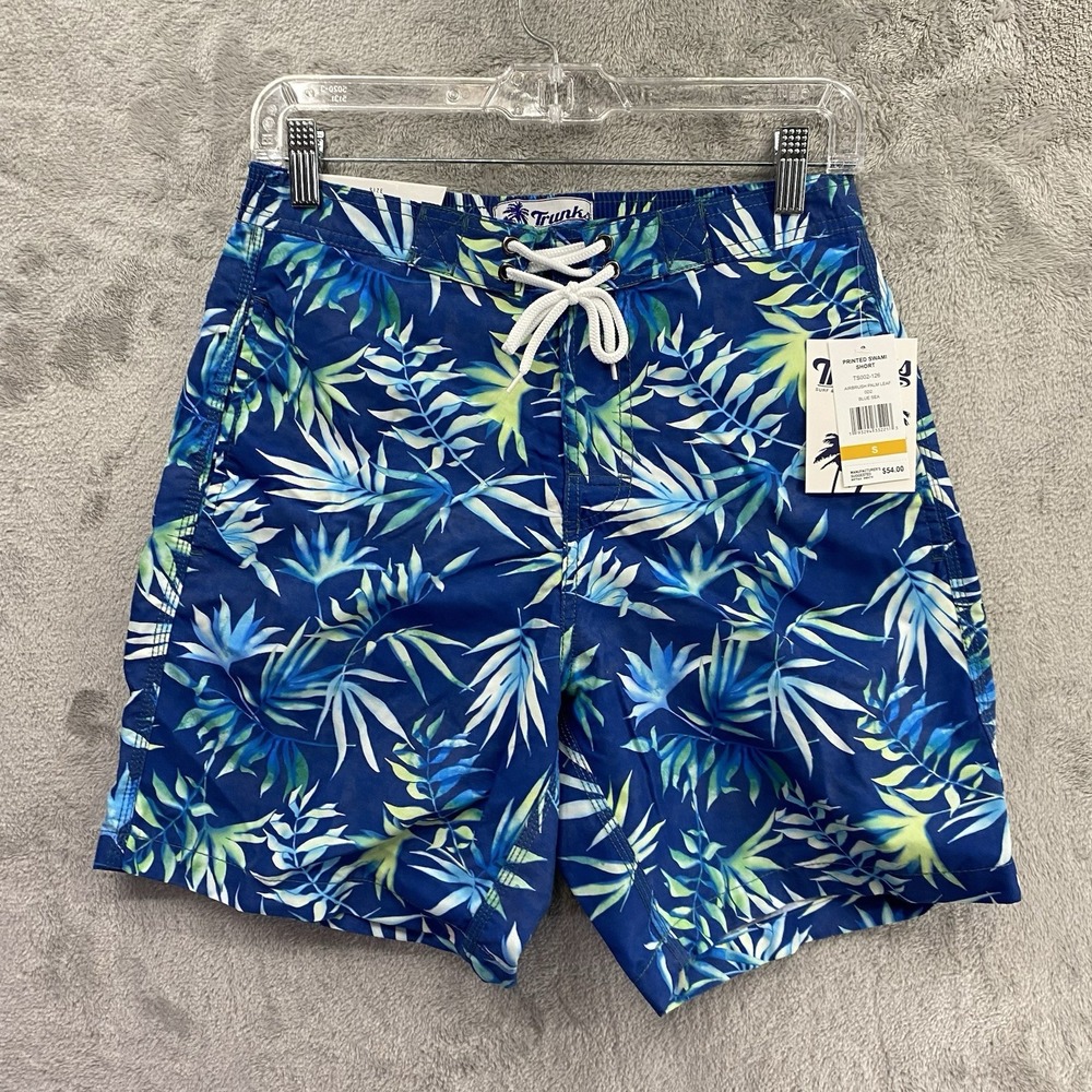 NWT Trunks Surf & Swim Men's Blue & White 6" Leaf Print Swim Trunks Shorts SMALL